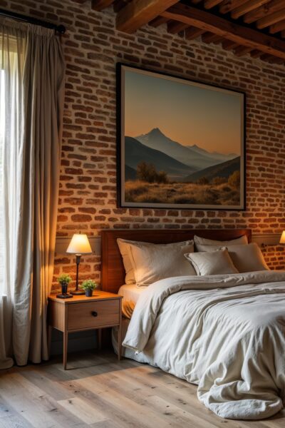 Cozy Bedroom Interior Featuring a Rustic Design with Warm Lighting and Natural Decor